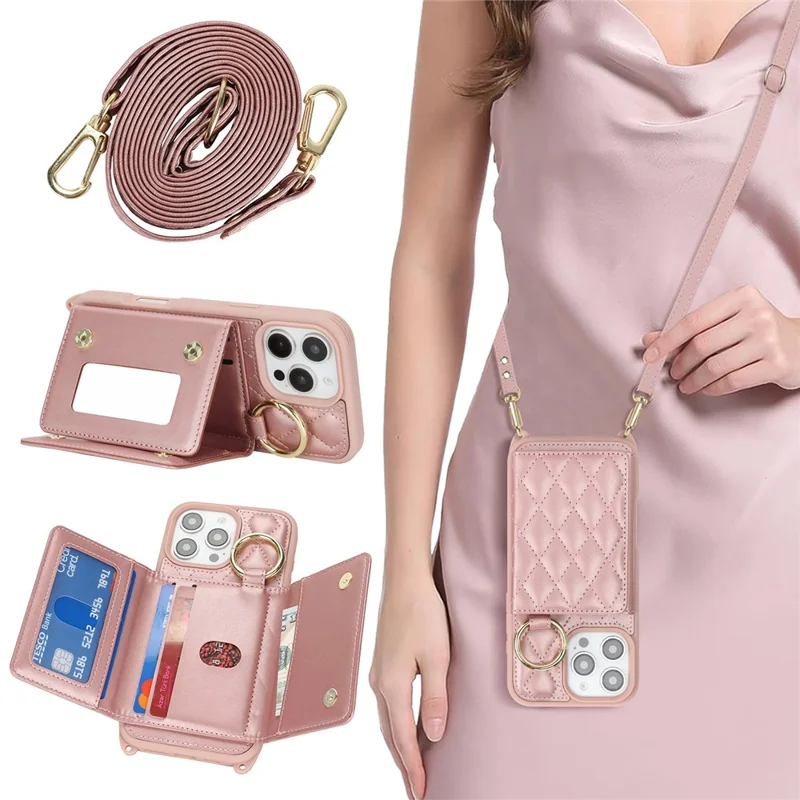 For iPhone 16 Pro Case with Lanyard  /  Mirror  /  Card Holder Grids Pattern RFID Blocking Phone Cover - Rose Gold
