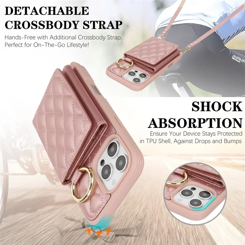 For iPhone 16 Pro Case with Lanyard  /  Mirror  /  Card Holder Grids Pattern RFID Blocking Phone Cover - Rose Gold