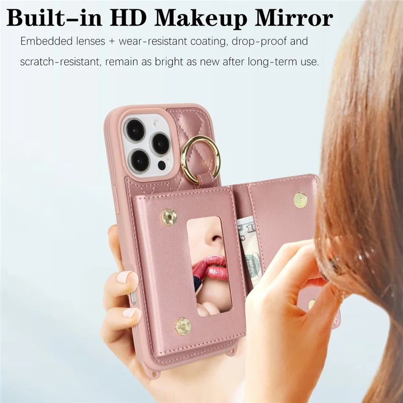 For iPhone 16 Pro Case with Lanyard  /  Mirror  /  Card Holder Grids Pattern RFID Blocking Phone Cover - Rose Gold