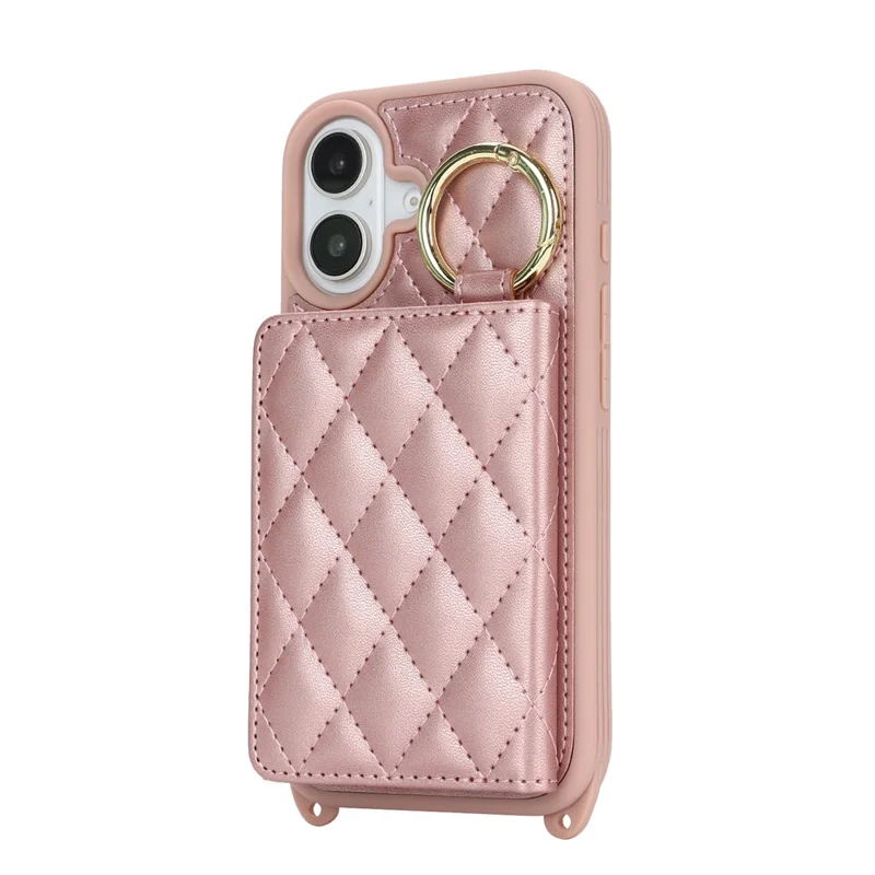 Capa para iPhone 16 Plus com Cordão / Espelho / Porta-Cartões com Padrão em Grade Bloqueio RFID - Ouro Rosa