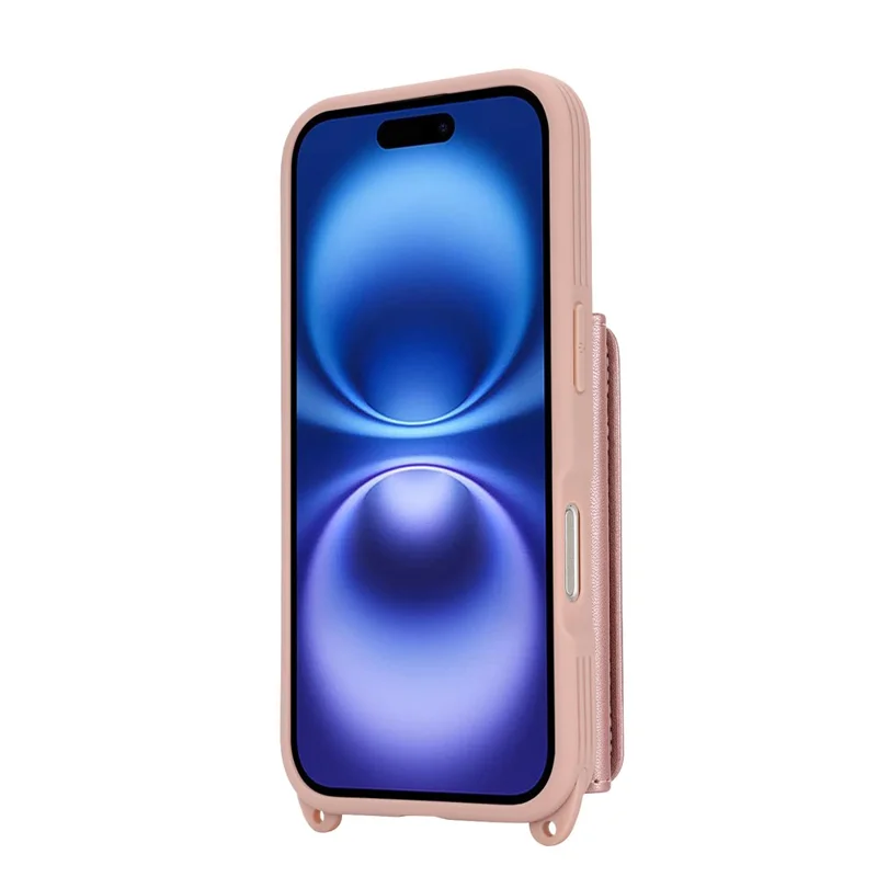 Capa para iPhone 16 Plus com Cordão / Espelho / Porta-Cartões com Padrão em Grade Bloqueio RFID - Ouro Rosa