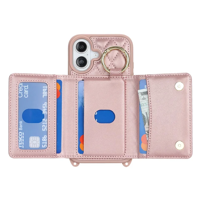Capa para iPhone 16 Plus com Cordão / Espelho / Porta-Cartões com Padrão em Grade Bloqueio RFID - Ouro Rosa
