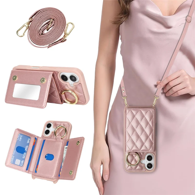 Capa para iPhone 16 Plus com Cordão / Espelho / Porta-Cartões com Padrão em Grade Bloqueio RFID - Ouro Rosa