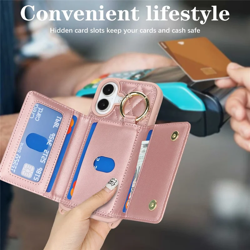 Capa para iPhone 16 Plus com Cordão / Espelho / Porta-Cartões com Padrão em Grade Bloqueio RFID - Ouro Rosa
