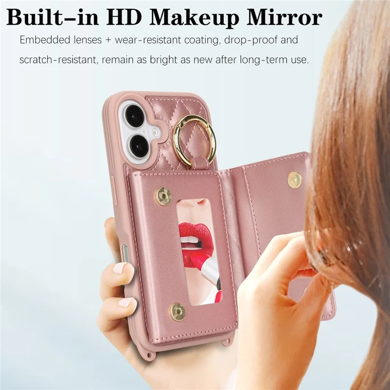 Capa para iPhone 16 Plus com Cordão / Espelho / Porta-Cartões com Padrão em Grade Bloqueio RFID - Ouro Rosa