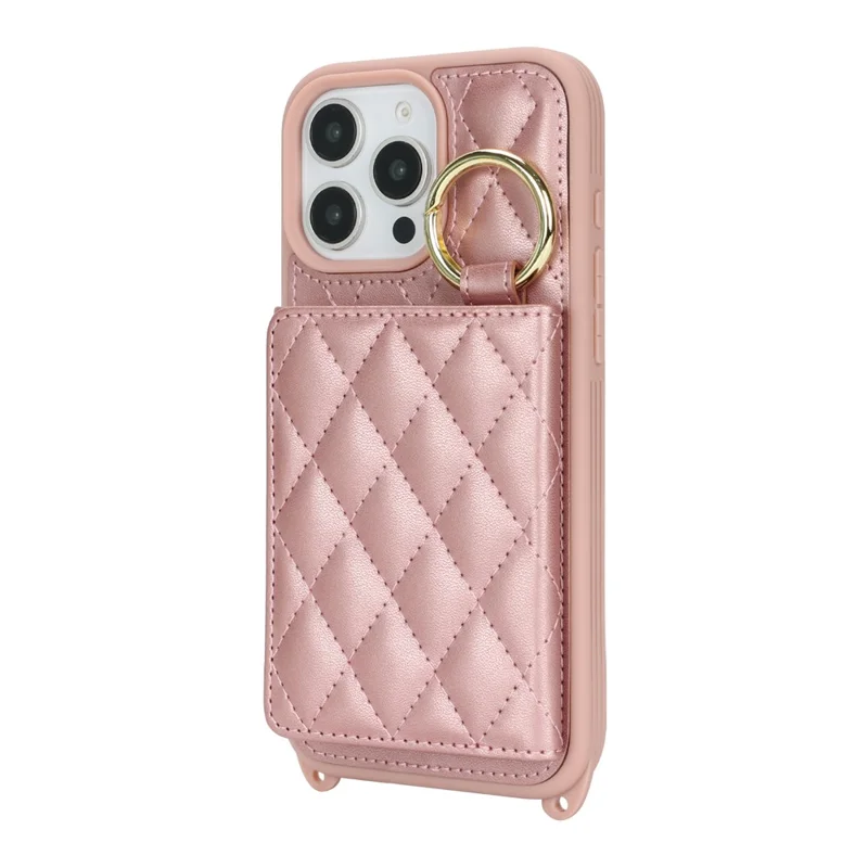 For iPhone 16 Pro Max Case with Lanyard  /  Mirror  /  Card Holder Grids Pattern RFID Blocking Phone Cover - Rose Gold