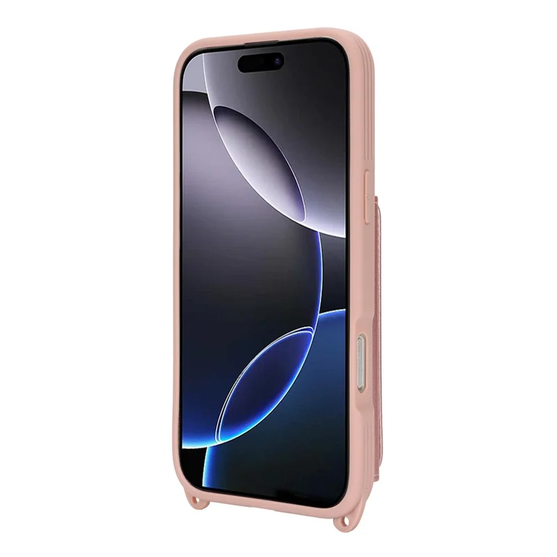 For iPhone 16 Pro Max Case with Lanyard  /  Mirror  /  Card Holder Grids Pattern RFID Blocking Phone Cover - Rose Gold