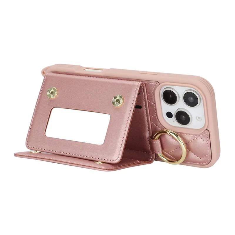 For iPhone 16 Pro Max Case with Lanyard  /  Mirror  /  Card Holder Grids Pattern RFID Blocking Phone Cover - Rose Gold