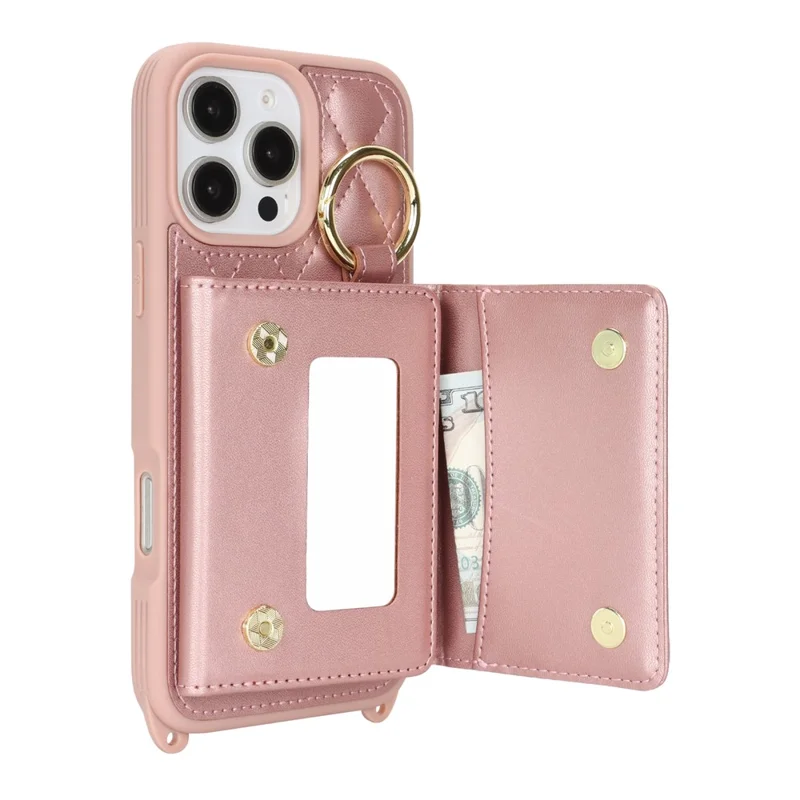 For iPhone 16 Pro Max Case with Lanyard  /  Mirror  /  Card Holder Grids Pattern RFID Blocking Phone Cover - Rose Gold
