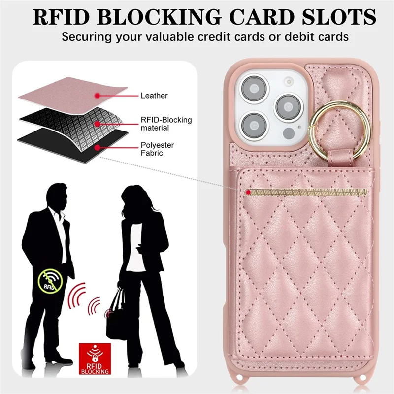 For iPhone 16 Pro Max Case with Lanyard  /  Mirror  /  Card Holder Grids Pattern RFID Blocking Phone Cover - Rose Gold