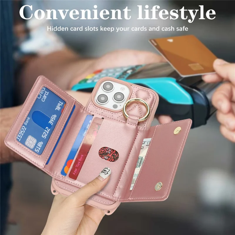 For iPhone 16 Pro Max Case with Lanyard  /  Mirror  /  Card Holder Grids Pattern RFID Blocking Phone Cover - Rose Gold