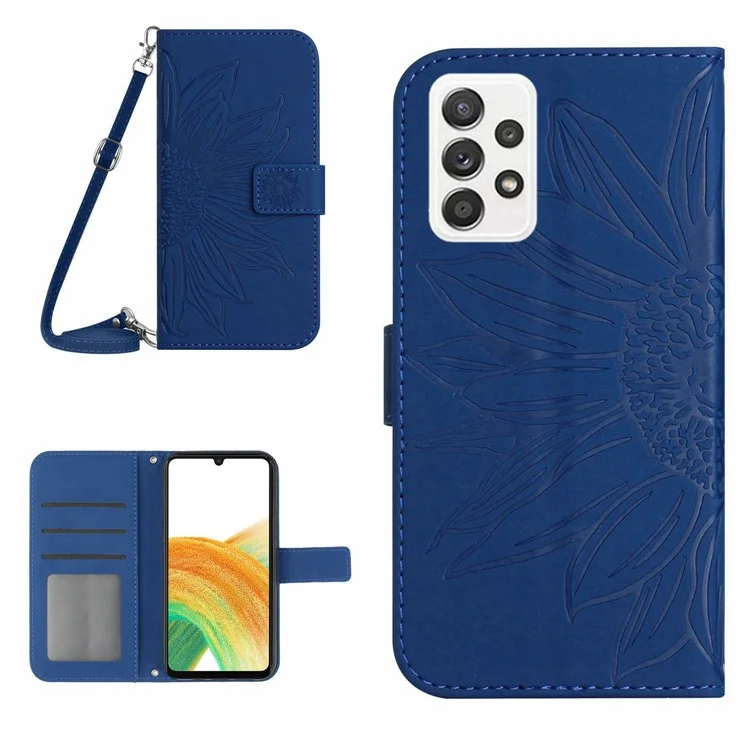 Para Samsung Galaxy A33 5G HT04 Sun Flower Impresión de Cuero PU Case Willet Touch Phone Cover Con Correa Para el Hombro - Zafiro