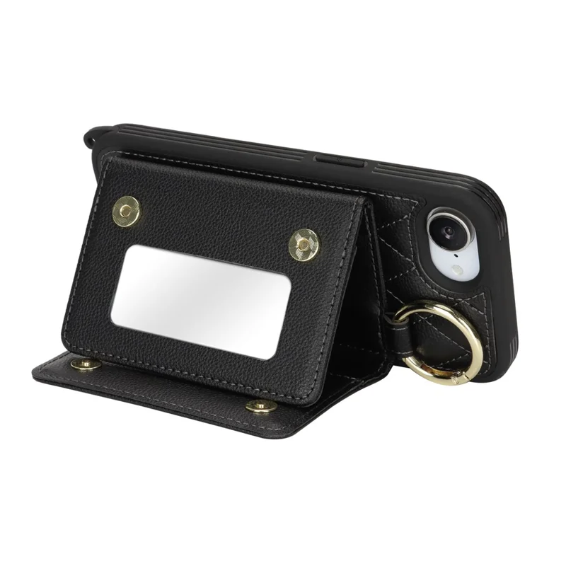 For iPhone 16e Case with Lanyard  /  Mirror  /  Card Holder Grids Pattern RFID Blocking Phone Cover - Black