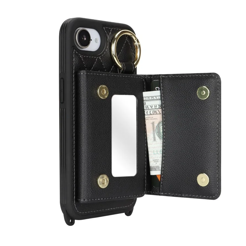 For iPhone 16e Case with Lanyard  /  Mirror  /  Card Holder Grids Pattern RFID Blocking Phone Cover - Black