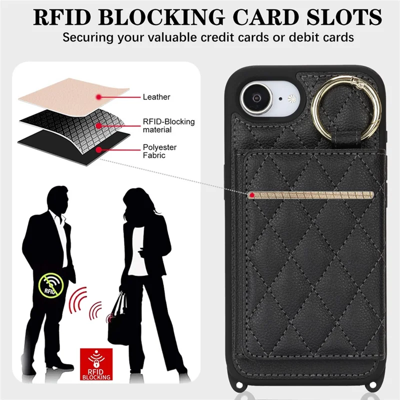 For iPhone 16e Case with Lanyard  /  Mirror  /  Card Holder Grids Pattern RFID Blocking Phone Cover - Black