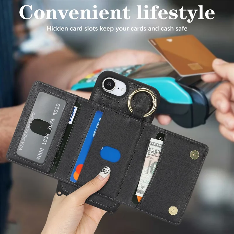 For iPhone 16e Case with Lanyard  /  Mirror  /  Card Holder Grids Pattern RFID Blocking Phone Cover - Black