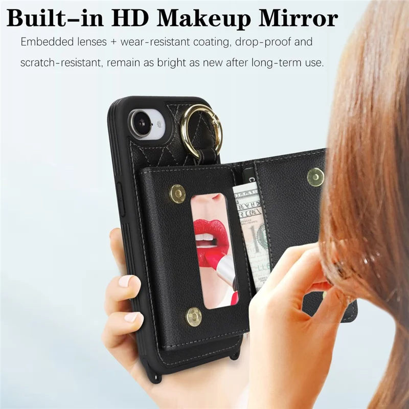 For iPhone 16e Case with Lanyard  /  Mirror  /  Card Holder Grids Pattern RFID Blocking Phone Cover - Black