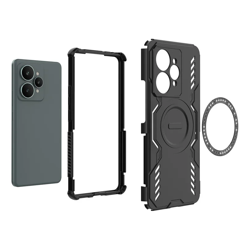 For Realme 15 5G Magnetic Case Butterfly Armor Hollow Heat Dissipation PC + TPU Phone Cover - Black