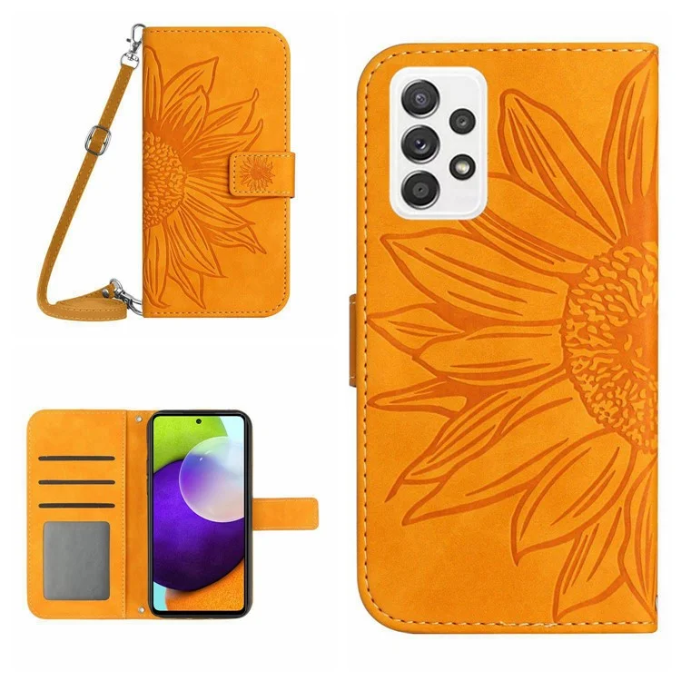 Anti-fall Phone Cover For Samsung Galaxy A52 5G / A52 4G / A52s 5G HT04 Skin-touch PU Leather Imprinted Sunflower Stand Wallet Case with Shoulder Strap - Yellow