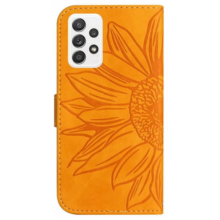 Anti-fall Phone Cover For Samsung Galaxy A52 5G / A52 4G / A52s 5G HT04 Skin-touch PU Leather Imprinted Sunflower Stand Wallet Case with Shoulder Strap - Yellow