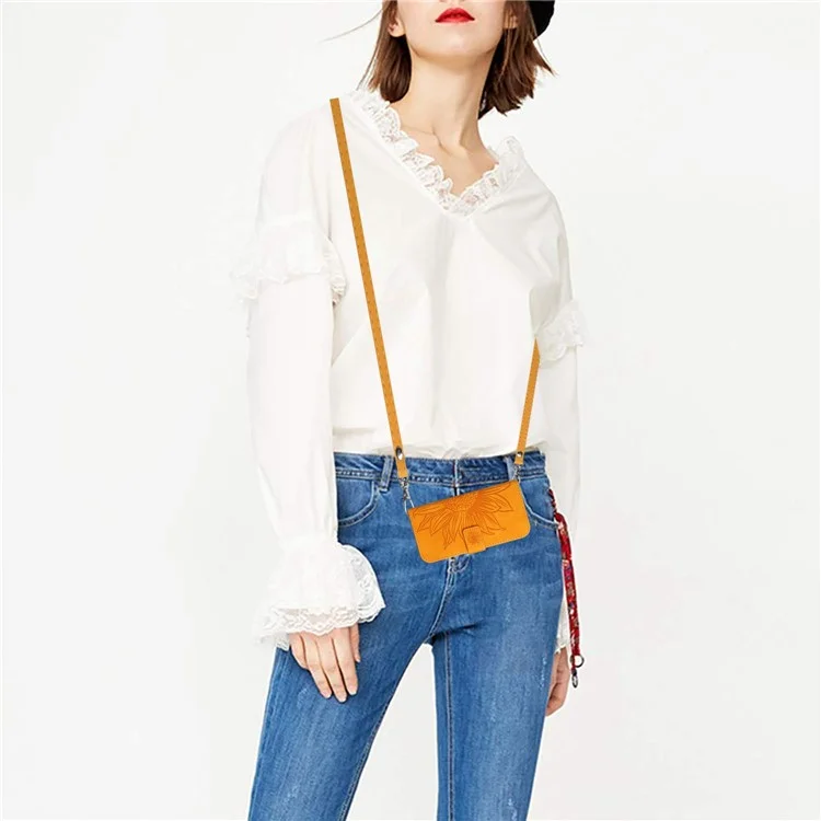 Anti-fall Phone Cover For Samsung Galaxy A52 5G / A52 4G / A52s 5G HT04 Skin-touch PU Leather Imprinted Sunflower Stand Wallet Case with Shoulder Strap - Yellow
