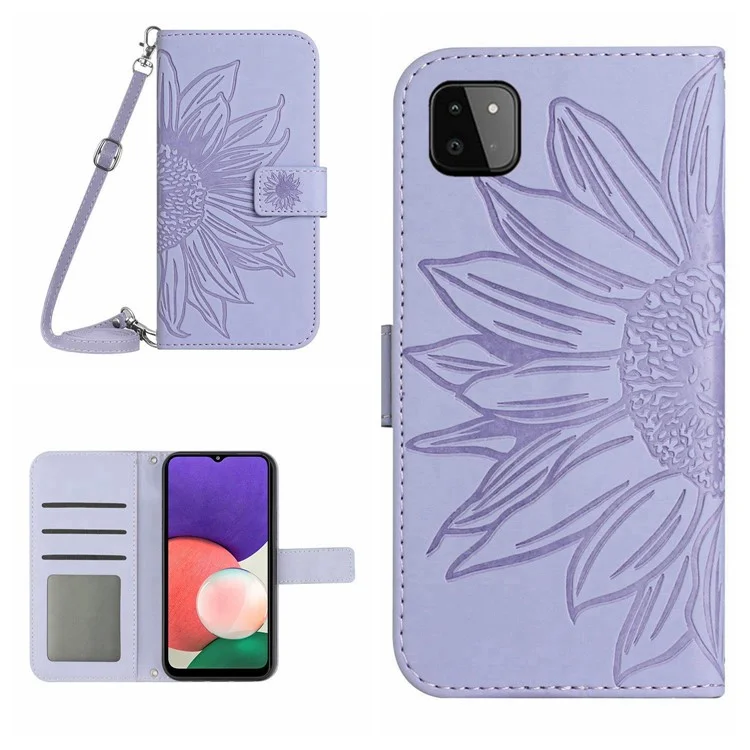 Pour Samsung Galaxy A22 5G (version européenne) HT04 Imprinted Sunflower PU Leather Smartphone Cover Stand Drop-proof Skin-touch Phone Wallet Case with Shoulder Strap - Violet Clair