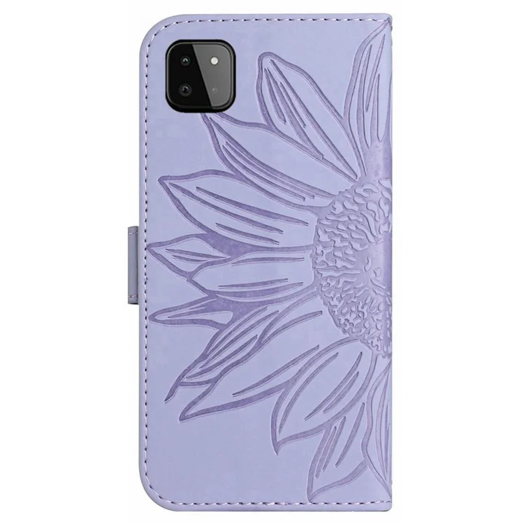 Pour Samsung Galaxy A22 5G (version européenne) HT04 Imprinted Sunflower PU Leather Smartphone Cover Stand Drop-proof Skin-touch Phone Wallet Case with Shoulder Strap - Violet Clair