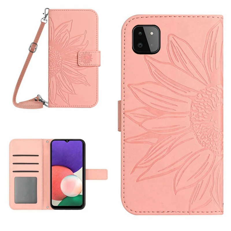 For Samsung Galaxy A22 5G (EU Version) HT04 Imprinted Sunflower PU Leather Smartphone Cover Stand Drop-proof Skin-touch Phone Wallet Case with Shoulder Strap - Light Pink