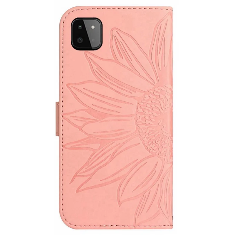 For Samsung Galaxy A22 5G (EU Version) HT04 Imprinted Sunflower PU Leather Smartphone Cover Stand Drop-proof Skin-touch Phone Wallet Case with Shoulder Strap - Light Pink