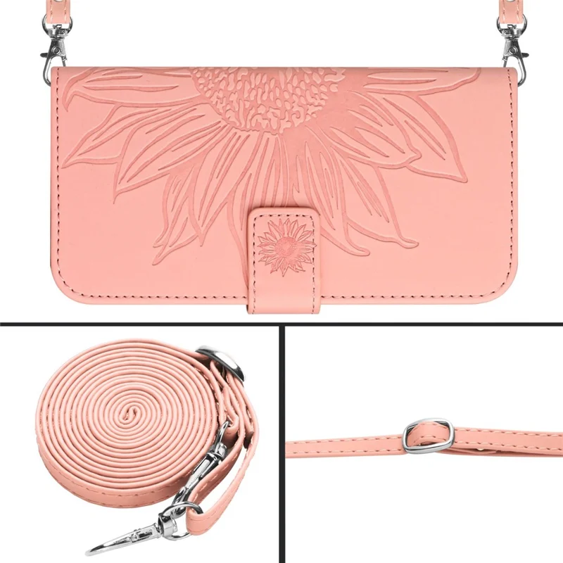 For Samsung Galaxy A22 5G (EU Version) HT04 Imprinted Sunflower PU Leather Smartphone Cover Stand Drop-proof Skin-touch Phone Wallet Case with Shoulder Strap - Light Pink