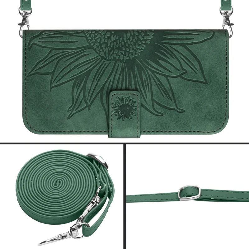 For Samsung Galaxy A13 5G / A04s 4G (164.7mm) PU Leather Imprinted Sunflower Stand Wallet Phone Case with Shoulder Strap - Dark Green