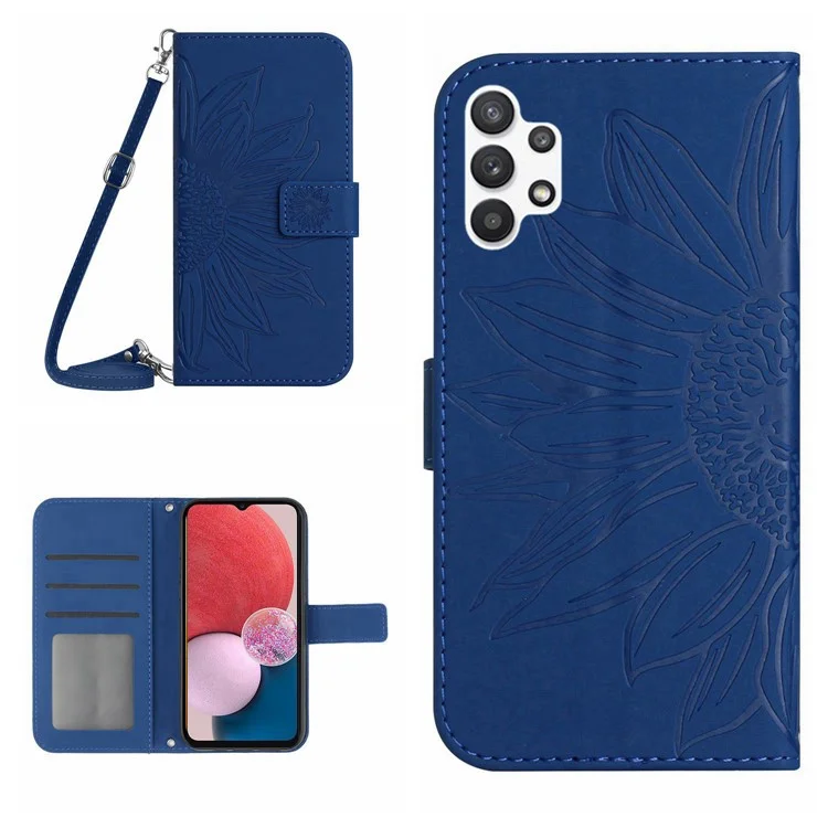 Case de Teléfono Protector de Cuero Para Samsung Galaxy A13 4G, HT04 HT04 Touch Impreso Por Teléfono de Girasol Funda de Soporte Con Correa Para el Hombro - Zafiro