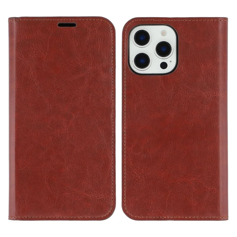 For iPhone 16 Pro Stand Cases Genuine Split Leather Wallet Phone Cover Magnetic Closure - Brown