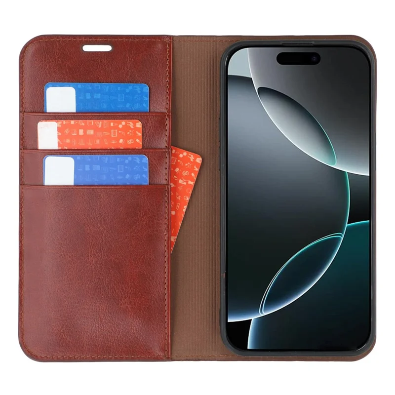 For iPhone 16 Pro Stand Cases Genuine Split Leather Wallet Phone Cover Magnetic Closure - Brown