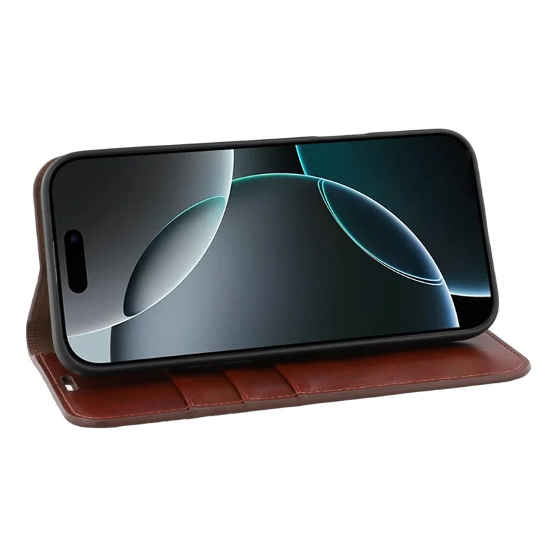 For iPhone 16 Pro Stand Cases Genuine Split Leather Wallet Phone Cover Magnetic Closure - Brown
