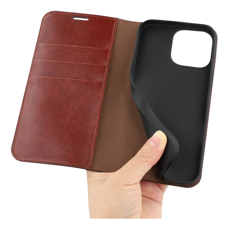 For iPhone 16 Pro Stand Cases Genuine Split Leather Wallet Phone Cover Magnetic Closure - Brown