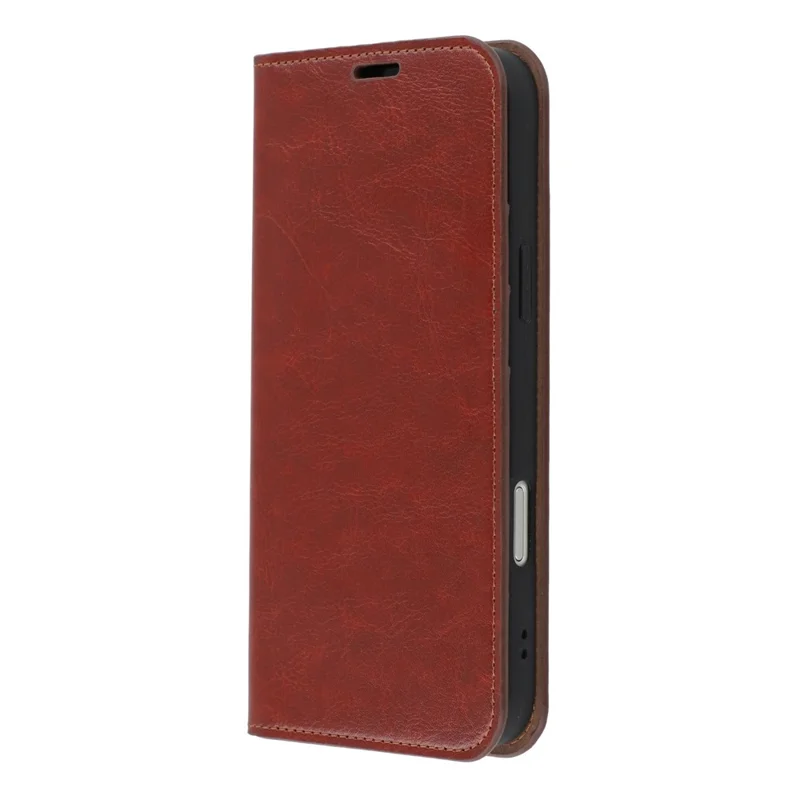 For iPhone 16 Pro Stand Cases Genuine Split Leather Wallet Phone Cover Magnetic Closure - Brown