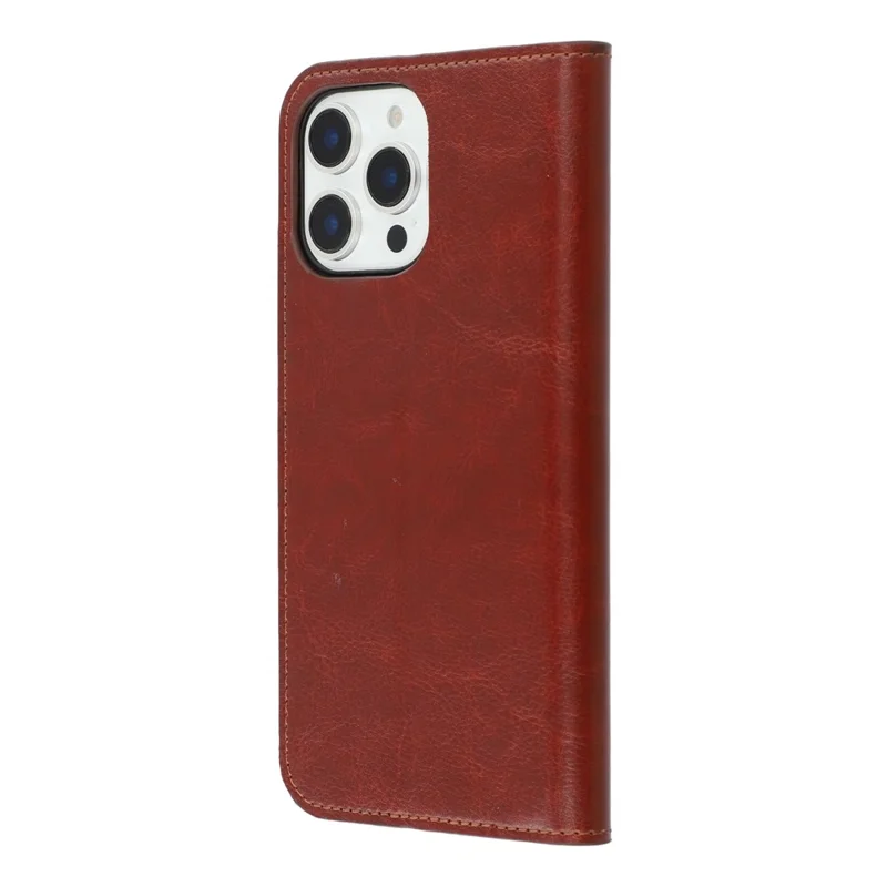 For iPhone 16 Pro Stand Cases Genuine Split Leather Wallet Phone Cover Magnetic Closure - Brown