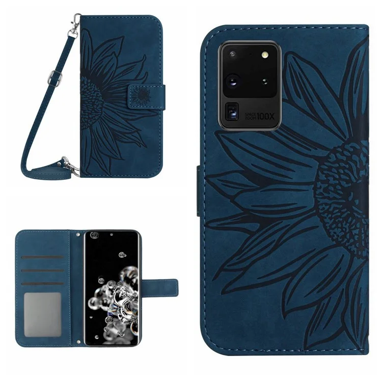 Para Samsung Galaxy S20 Ultra HT04 Stand Phone Caixa de Telefone Com Alça de Ombro Com Tampa da Pele Com Girassol PU Capela de Capelo de Capelo - Azul Escuro