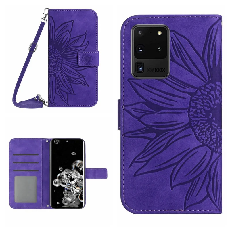 For Samsung Galaxy S20 Ultra HT04 Stand Wallet Phone Case with Shoulder Strap Skin-touch Imprinted Sunflower PU Leather Phone Cover - Dark Purple