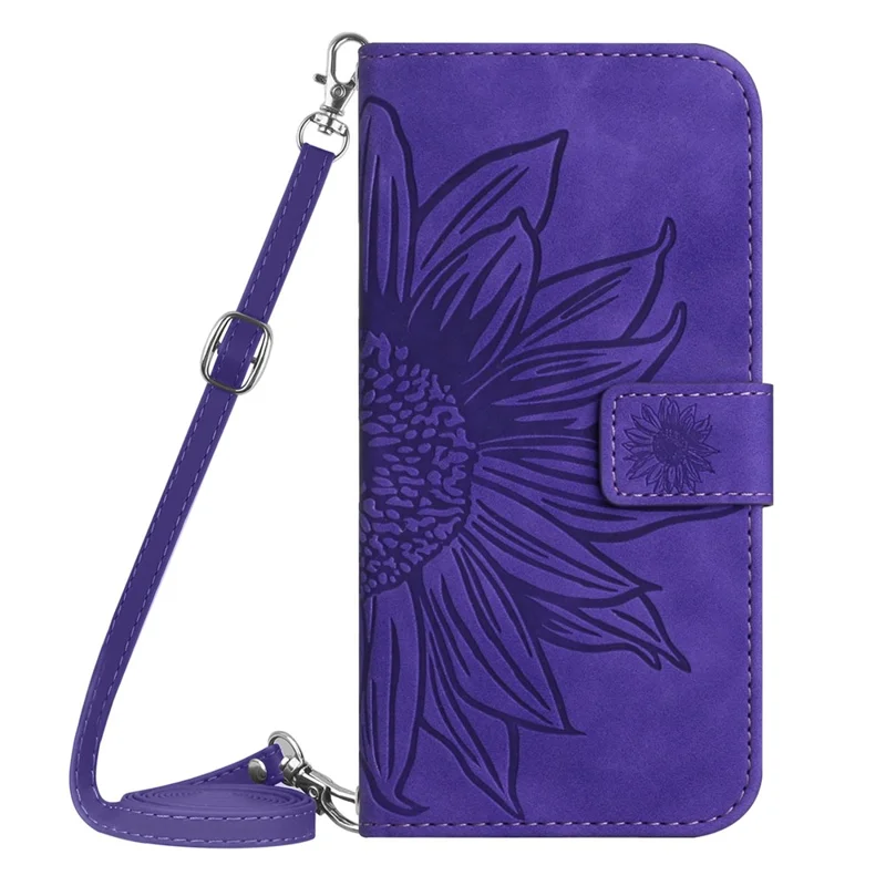 For Samsung Galaxy S20 Ultra HT04 Stand Wallet Phone Case with Shoulder Strap Skin-touch Imprinted Sunflower PU Leather Phone Cover - Dark Purple