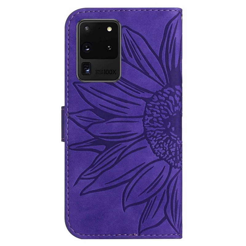 For Samsung Galaxy S20 Ultra HT04 Stand Wallet Phone Case with Shoulder Strap Skin-touch Imprinted Sunflower PU Leather Phone Cover - Dark Purple