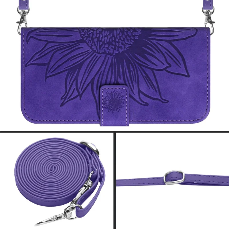 For Samsung Galaxy S20 Ultra HT04 Stand Wallet Phone Case with Shoulder Strap Skin-touch Imprinted Sunflower PU Leather Phone Cover - Dark Purple