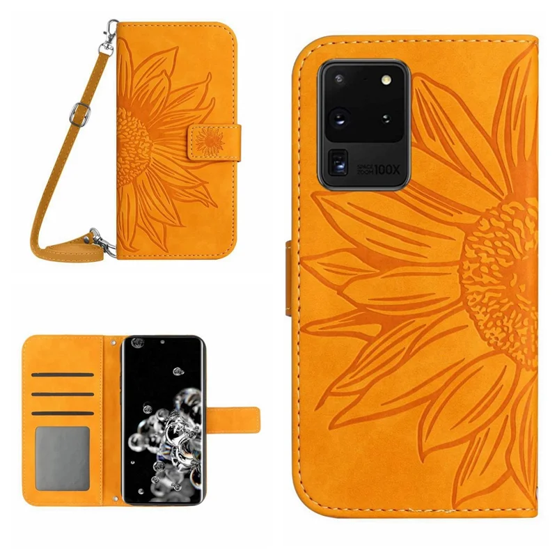 For Samsung Galaxy S20 Ultra HT04 Stand Wallet Phone Case with Shoulder Strap Skin-touch Imprinted Sunflower PU Leather Phone Cover - Yellow