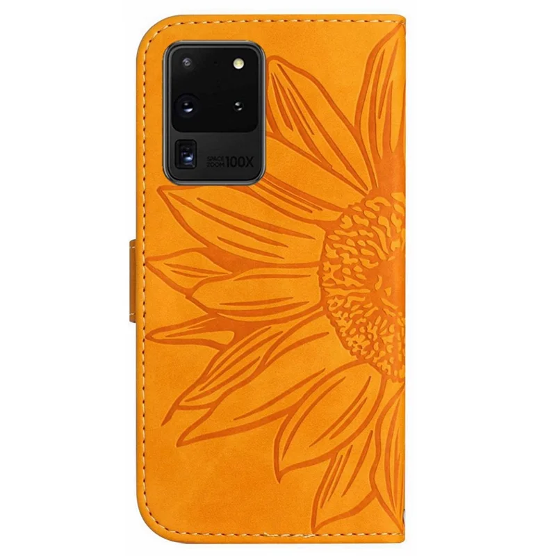 For Samsung Galaxy S20 Ultra HT04 Stand Wallet Phone Case with Shoulder Strap Skin-touch Imprinted Sunflower PU Leather Phone Cover - Yellow