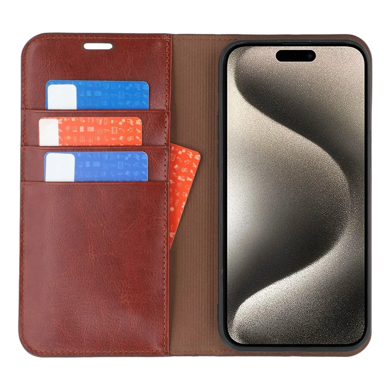 iPhone 15 Pro Max Ständer Hüllen Echtes Geteiltes Leder Brieftasche Handyhülle Magnetverschluss - Braun