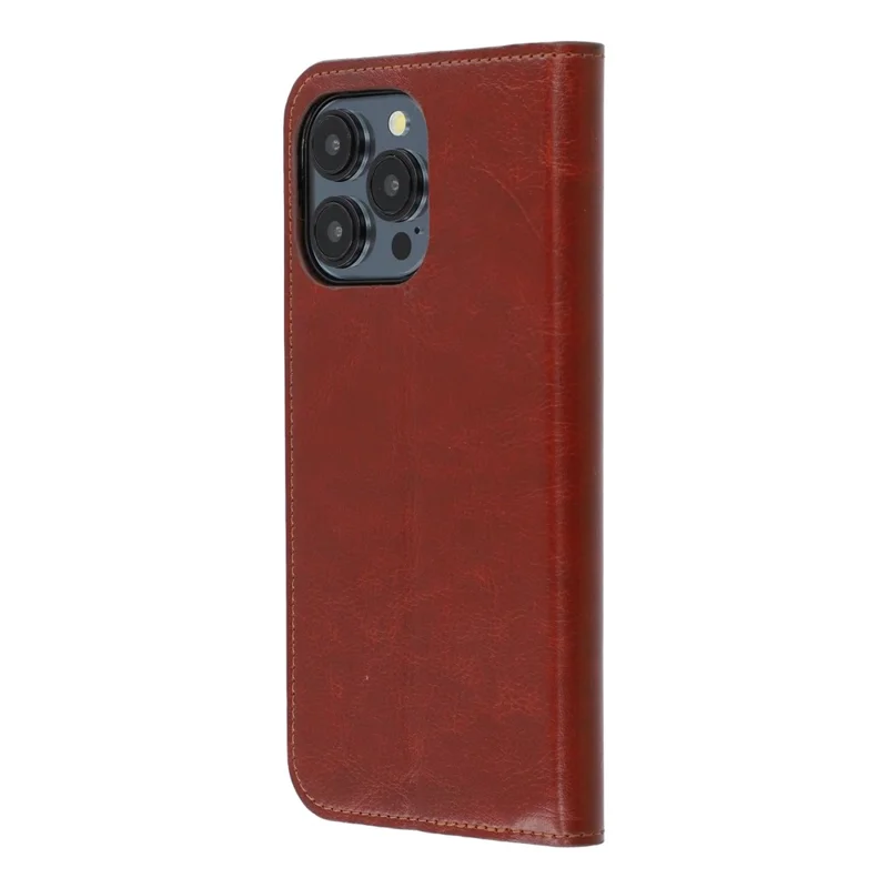 For iPhone 15 Pro Stand Cases Genuine Split Leather Wallet Phone Cover Magnetic Closure - Brown