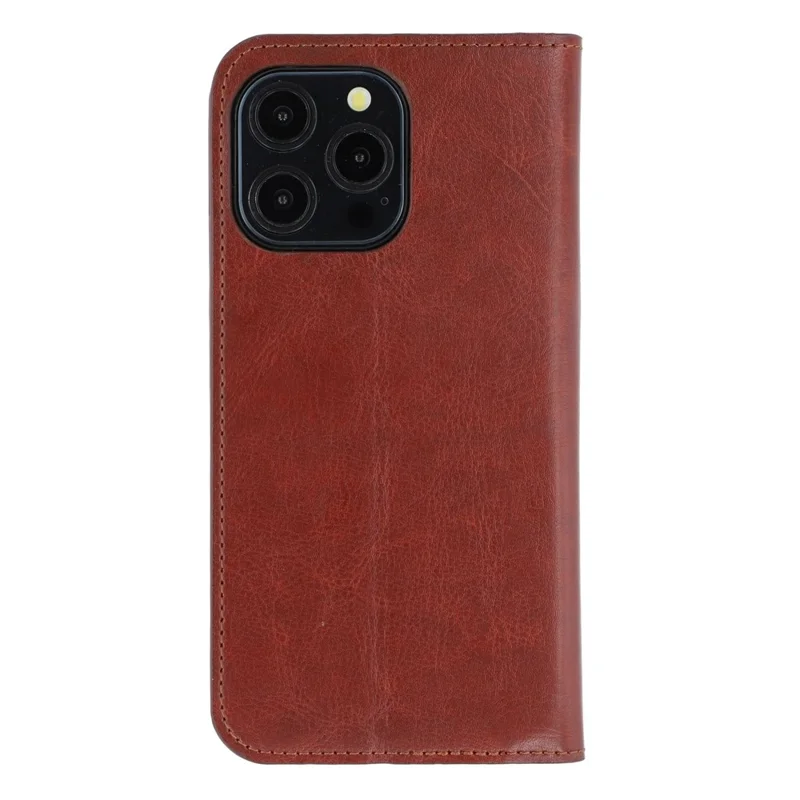 For iPhone 15 Pro Stand Cases Genuine Split Leather Wallet Phone Cover Magnetic Closure - Brown