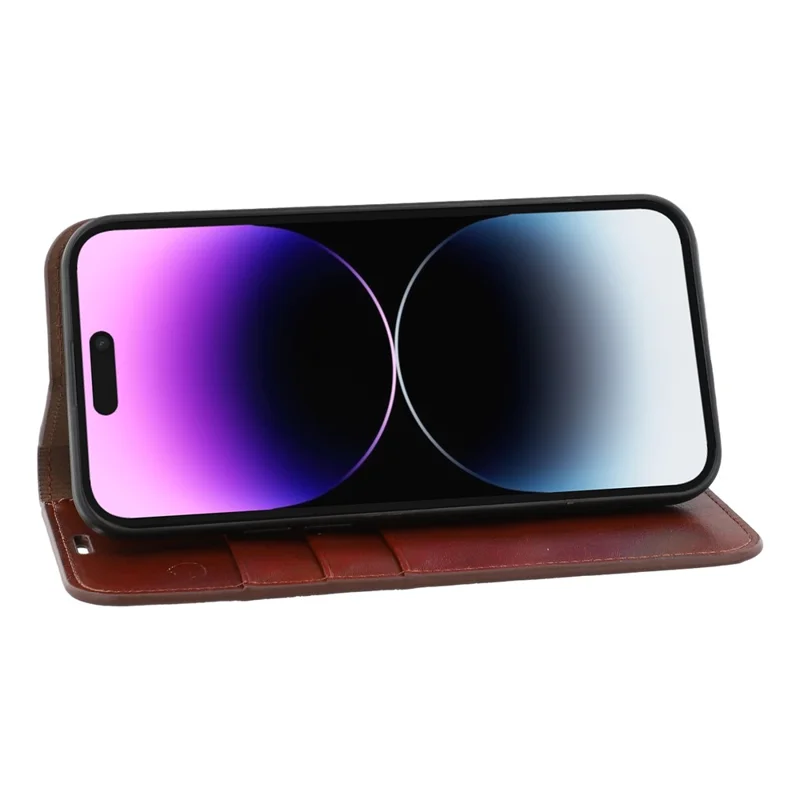 For iPhone 14 Pro Max Stand Cases Genuine Split Leather Wallet Phone Cover Magnetic Closure - Brown