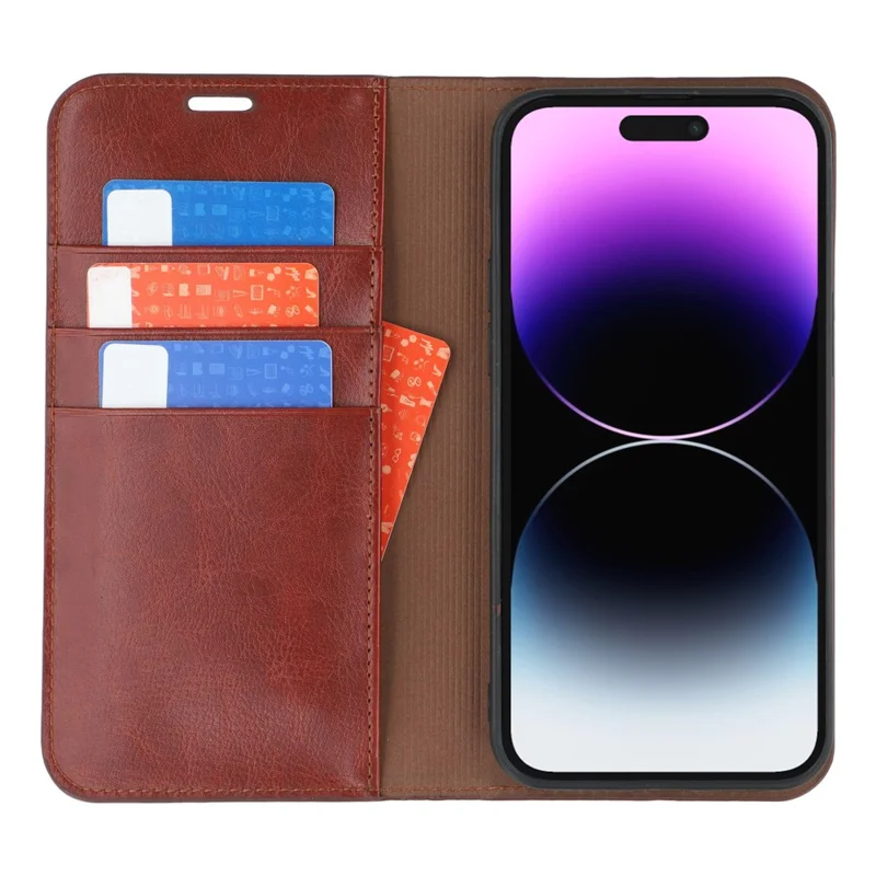 Custodia per iPhone 14 Pro con chiusura magnetica in vera pelle di alta qualità a portafoglio - Marrone